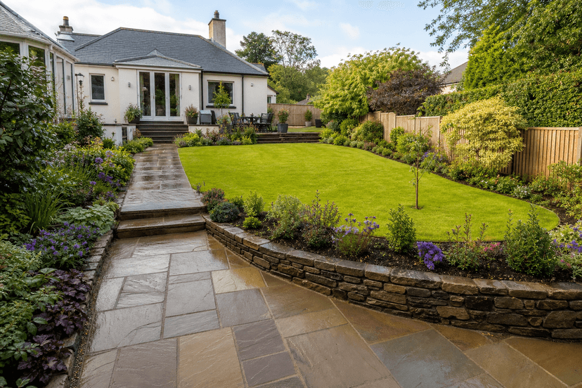 Completed British garden transformation with lawn, planting and stone landscaping
