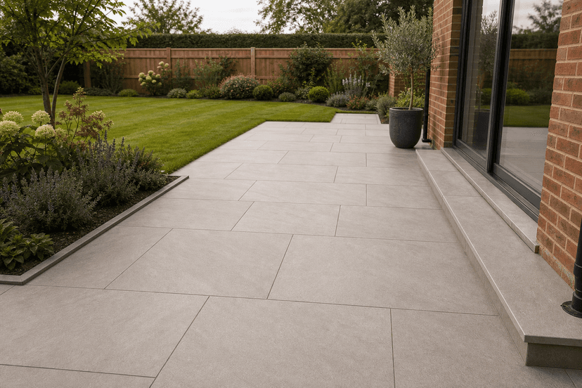 Finished porcelain patio in a landscaped British garden